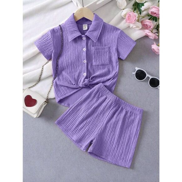 SHEIN Girls Purple Collared Top & Shorts Set Size 6 – 2-Piece Matching Outfit - Picture 1 of 15